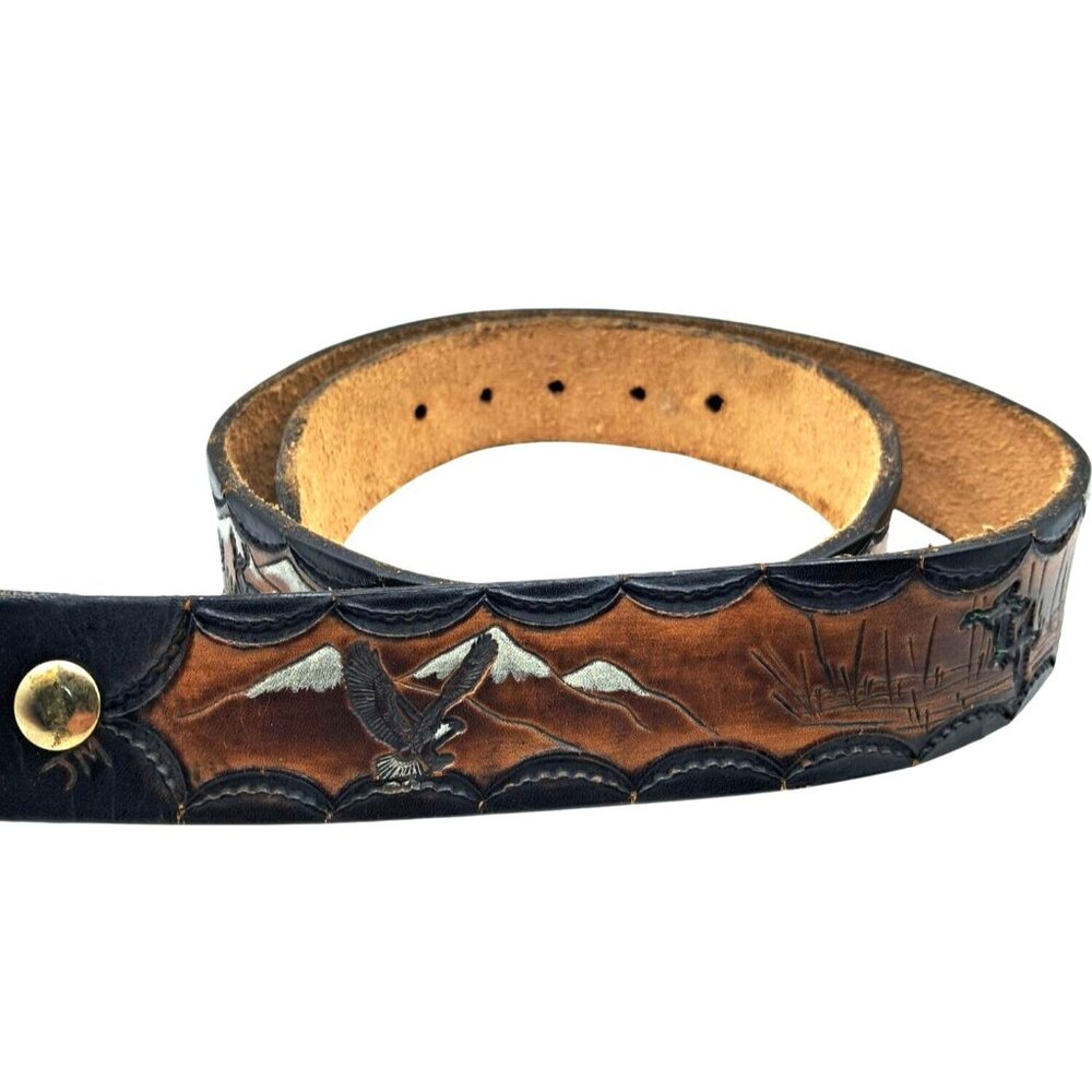 Vintage Tooled Brown Leather Belt With PNW Wildlife Design Including Eagle Ducks